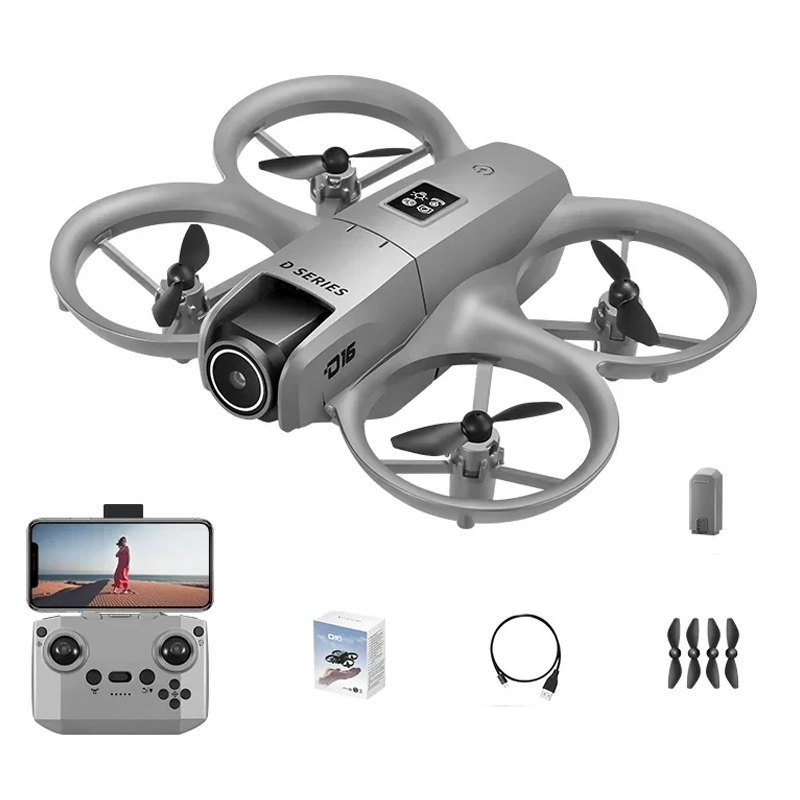 Vista superior do drone Xiaomi D16 Mini com comando, hélices extra e cabos Vista superior do drone Xiaomi D16 Mini com comando, hélices extra e cabos